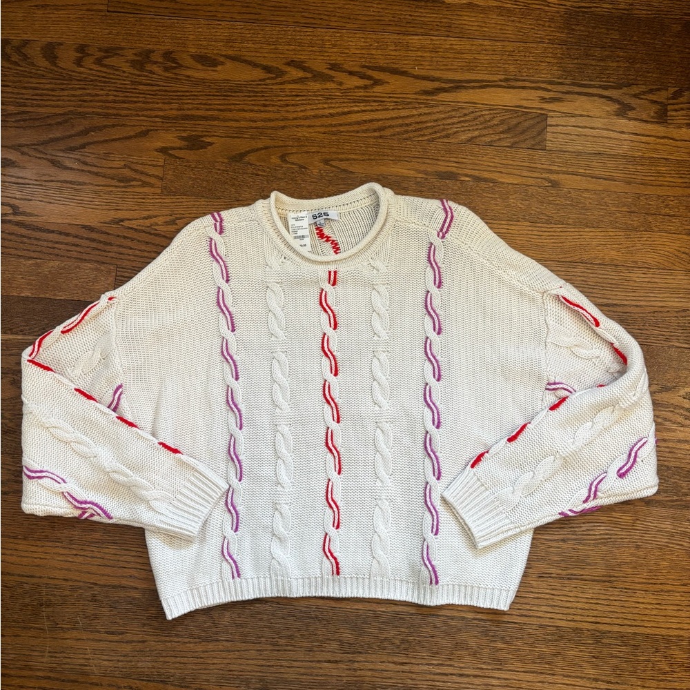 525 America Cable Knit Sweater - Cream with Red and Purple Details